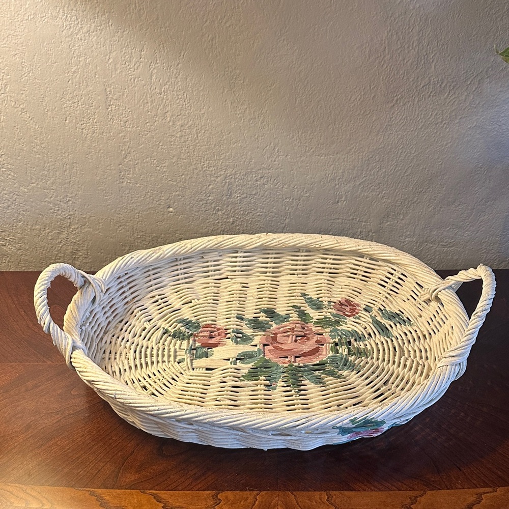 White Wicker Tray with Floral Design